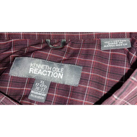Kenneth Cole Reaction: Burgundy Plaid Long-Sleeve Button Down Shirt, Men XL - Picture 3 of 5